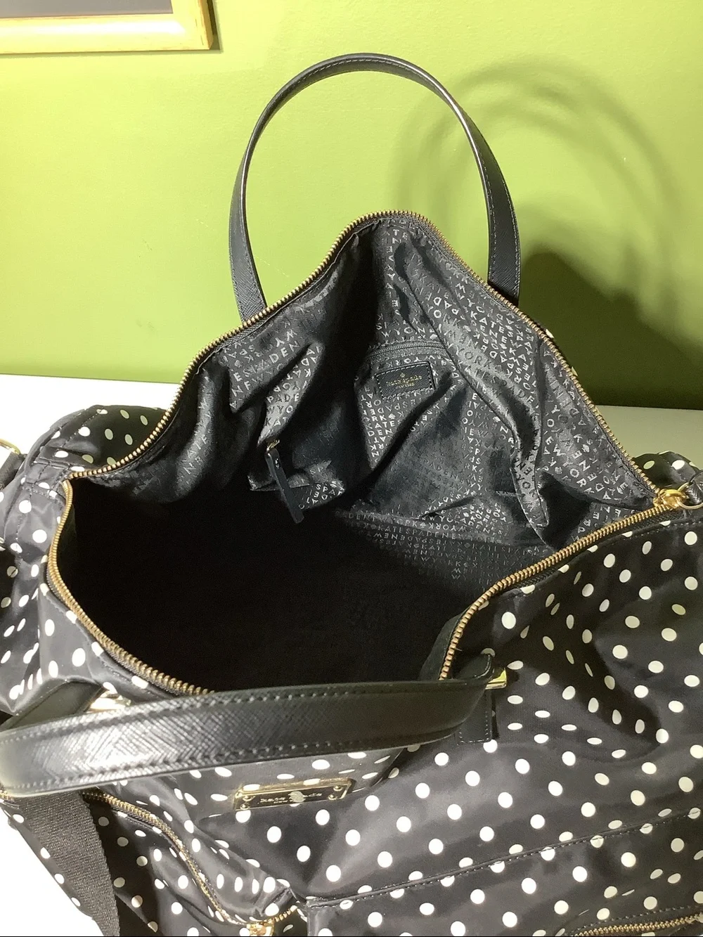 Kate Spade NY nylon black with white polka dots travel/weekender/duffle bag